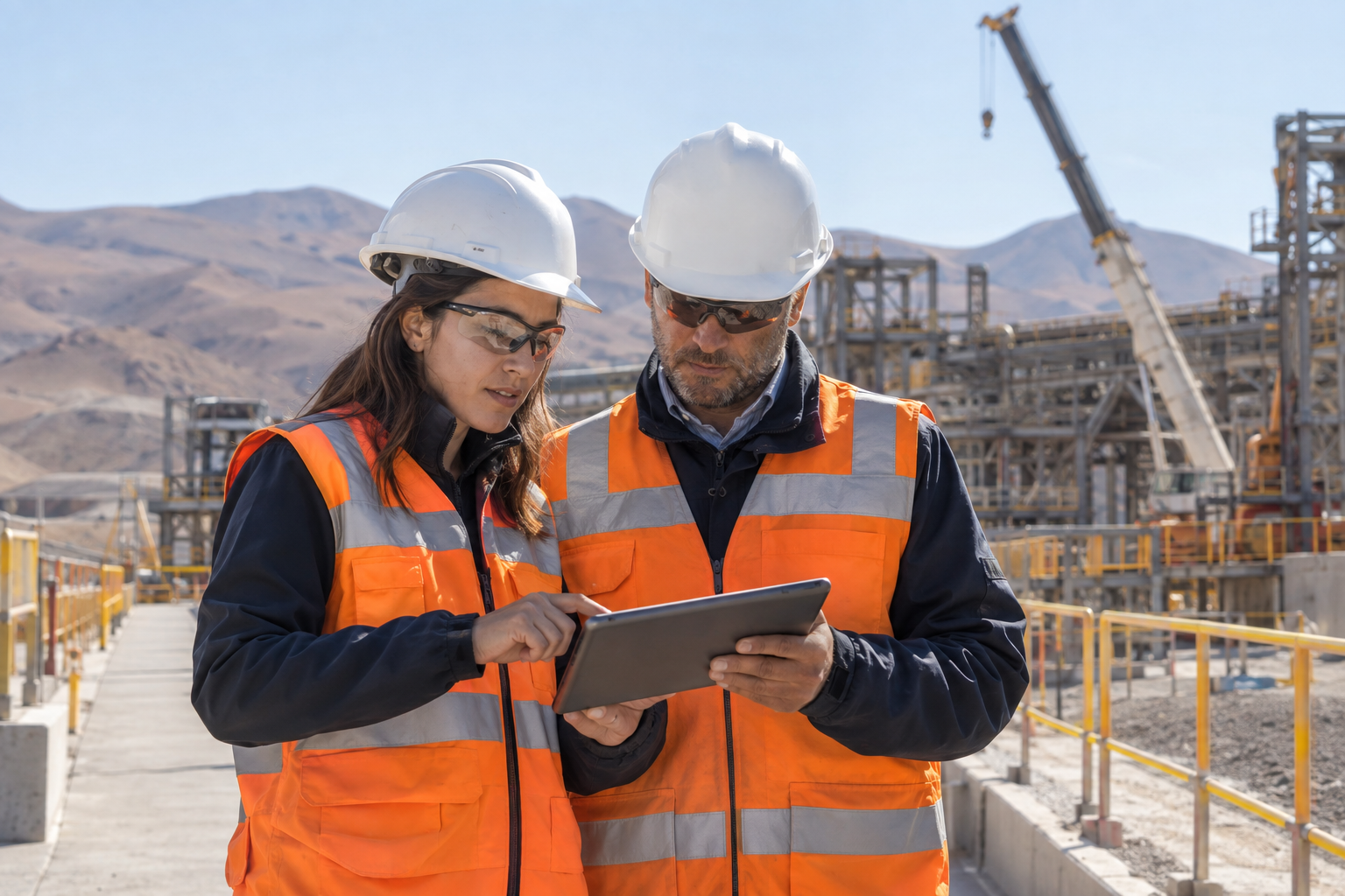 Escena ilustrativa de profesionales revisando una tablet en una faena industrial